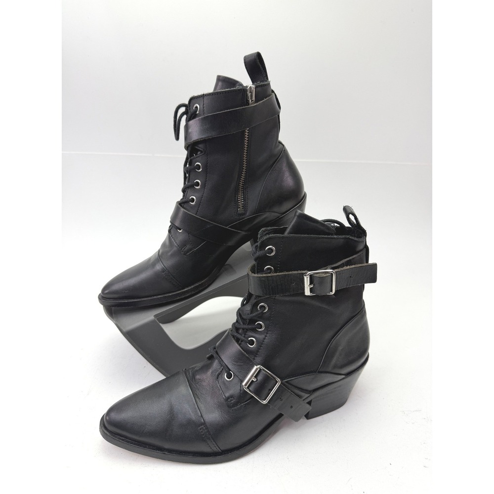 AllSaints Lucie Black Leather Lace Up Buckle Ankle Boots US 9 Pointed Block Heel